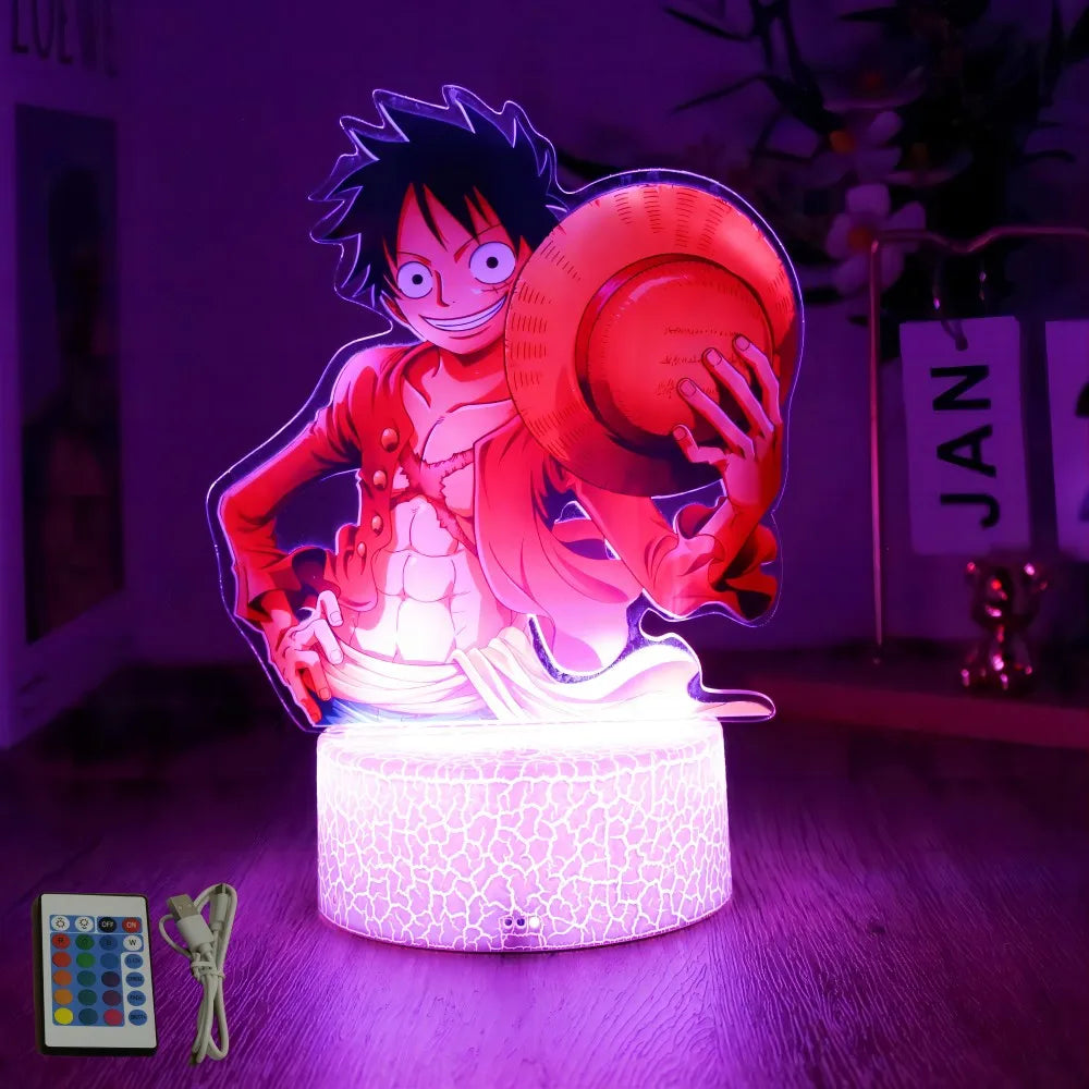 lampe led 3d anime luffy zorro cracked surface télécommande câble usb nocturne rouge vert