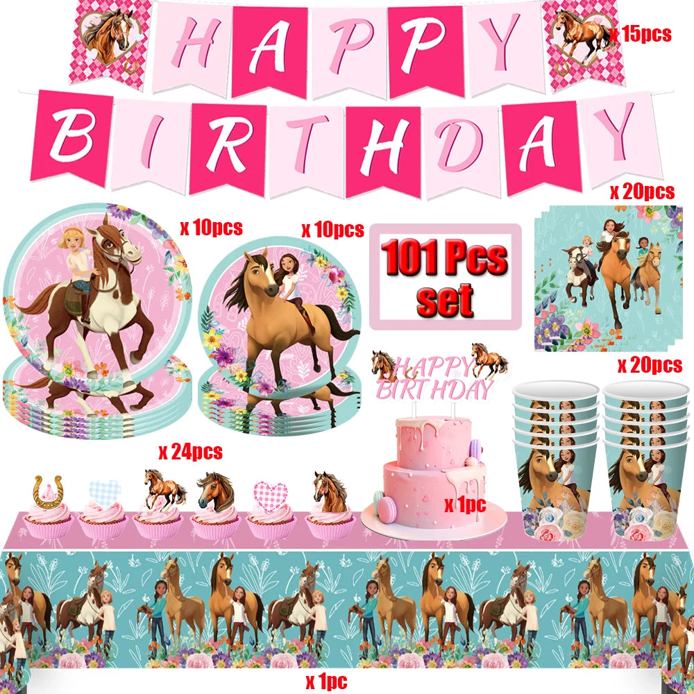 assiettes anniversaire chevaux filles fleurs nappe table enfant illustration mariage noël fêtes