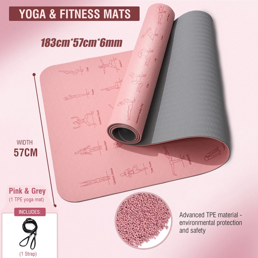 tapis yoga rose gris illustrations postures 6mm moderne opacité cordelette 183x57cm