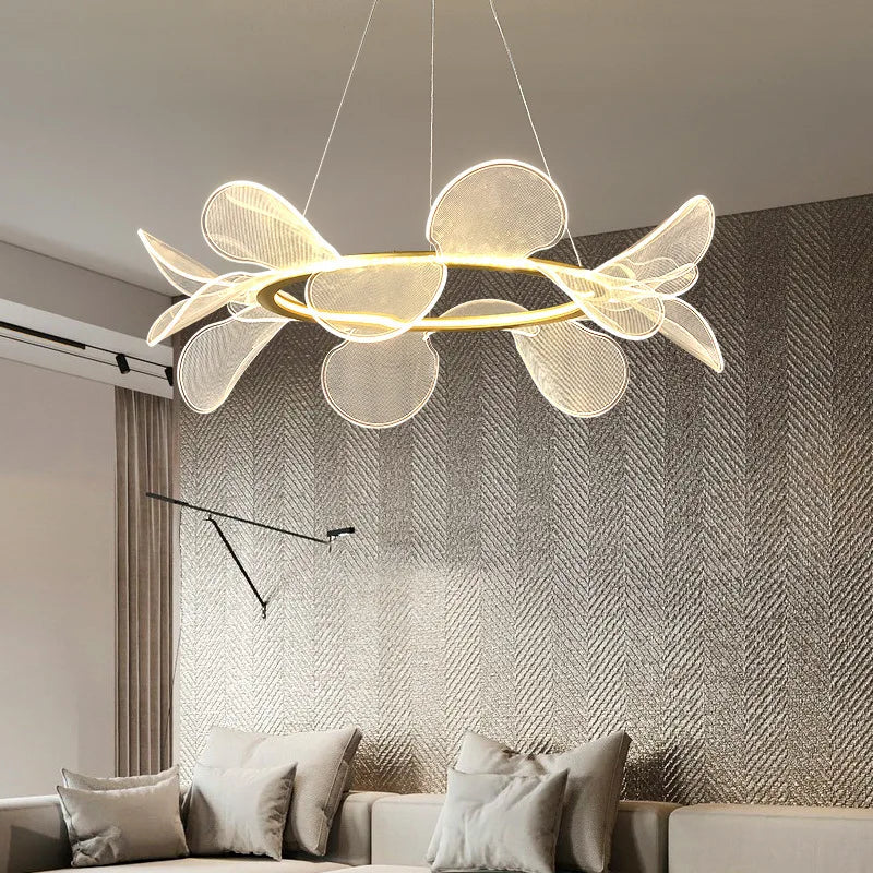 suspension lumineuse moderne acrylique blanc doré fine maille salon chambrehôtel