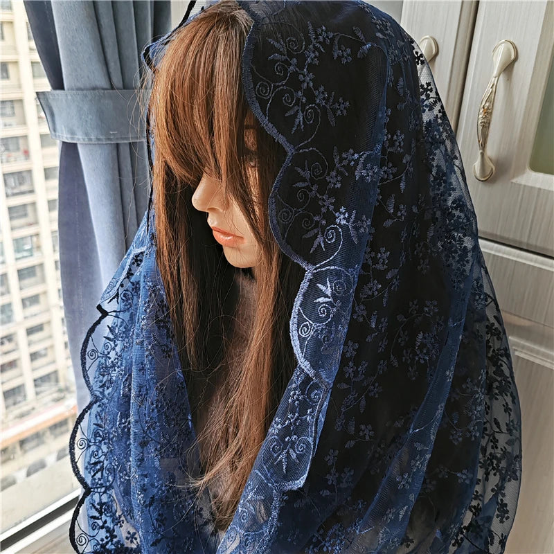 écharpe brodée florale bleu marine semi transparente classique femme adulte
