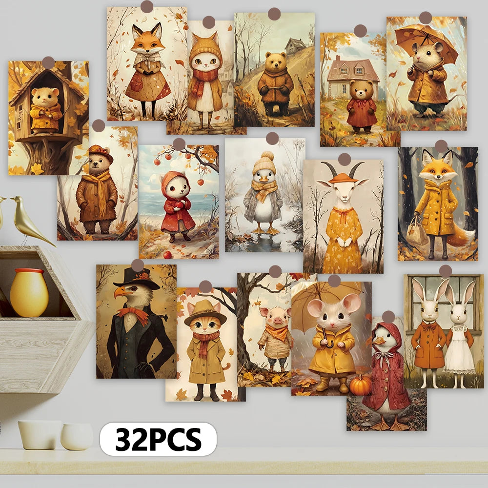 cartes postales illustratives vintage animaux mignonnes automnales multicolores clips inclusion