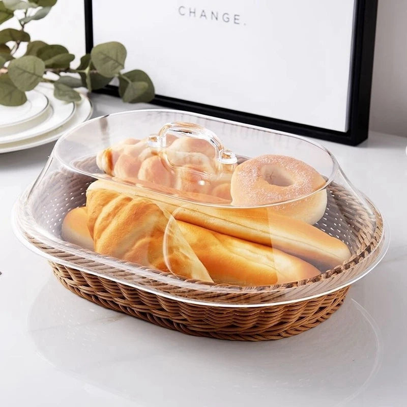 panier marron clair tressé couvercle plastique transparent poignée classique respectueux environnement