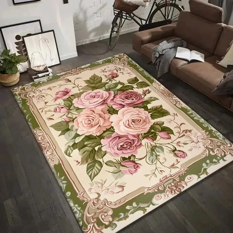 tapis floral rouge fleurs feuilles bordure ornée polypropylène polyester antidérapant extérieur intérieur chambre salon
