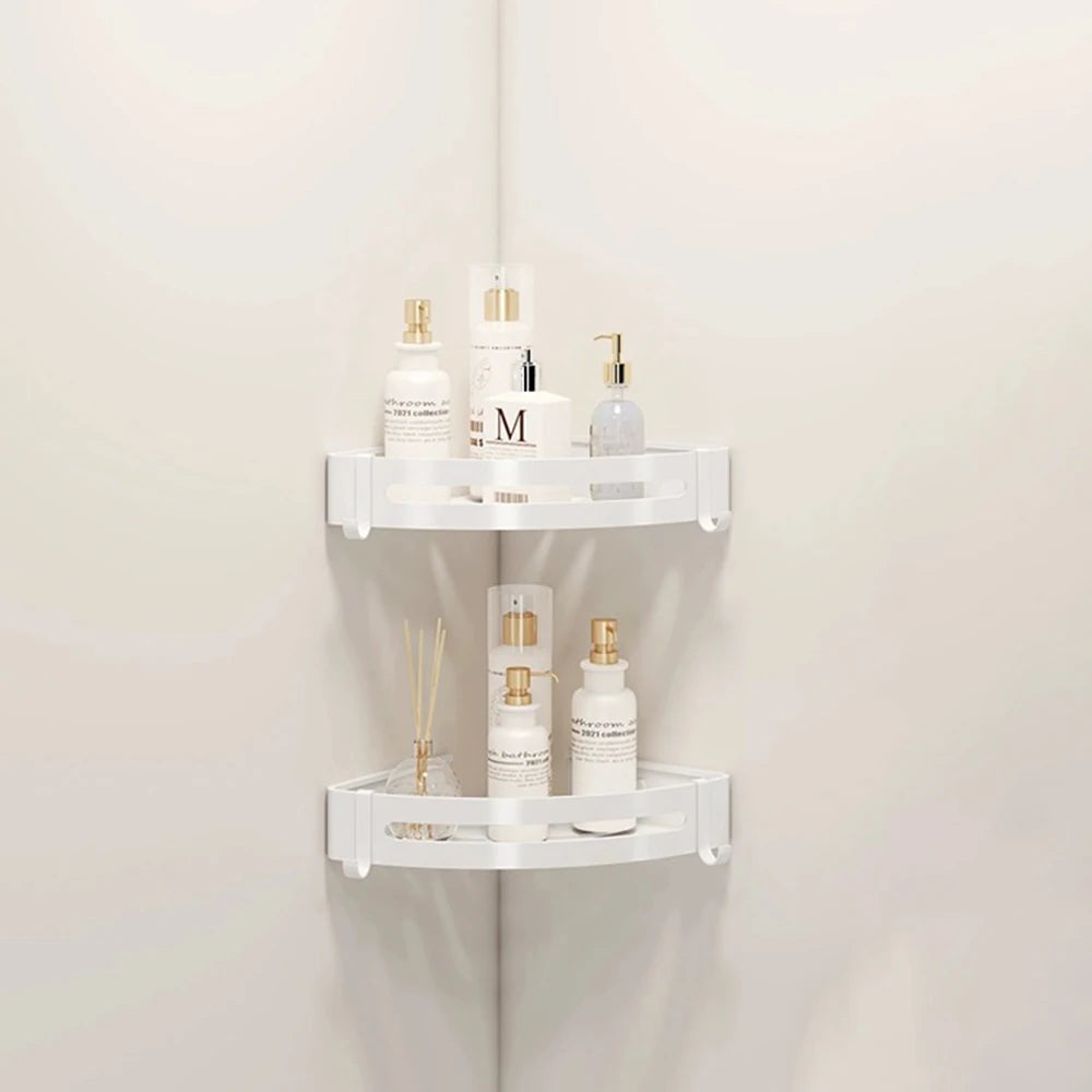 étagère salle bain blanc moderne adhésive shampooing gel douche lotion parfum verre boucles d'oreilles