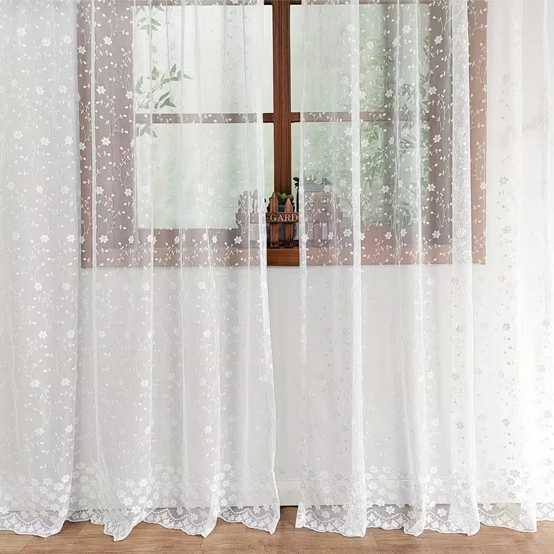 rideau transparent dentelle brodée fleurs pastoral blanc maison salon chambre patioextérieur