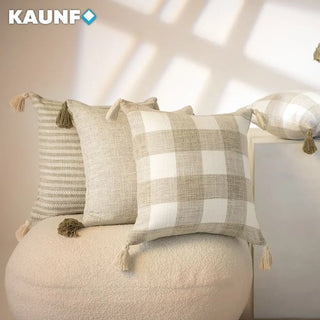 housse coussin lin rayures carreaux beige blanc gris deco boheme chic rustique moderne