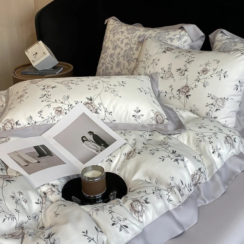 ensemble literie fleurs gris blanc housse couette drap taies oreiller lyocell eucalyptus doux