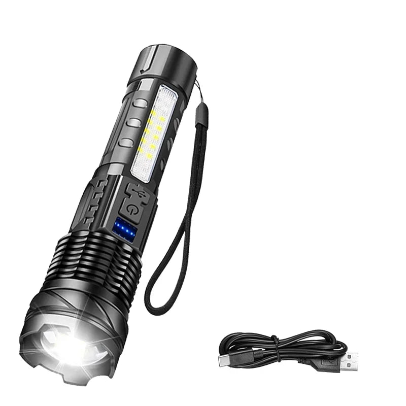 lampe torchon rechargeable 20w led noire texturée modes éclairage camping pêche