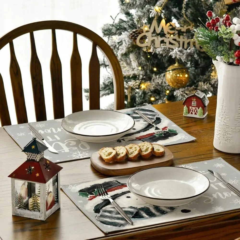 serviettes table noël flocons arbre bonhomme merry christmas let it snow gris rouge vert