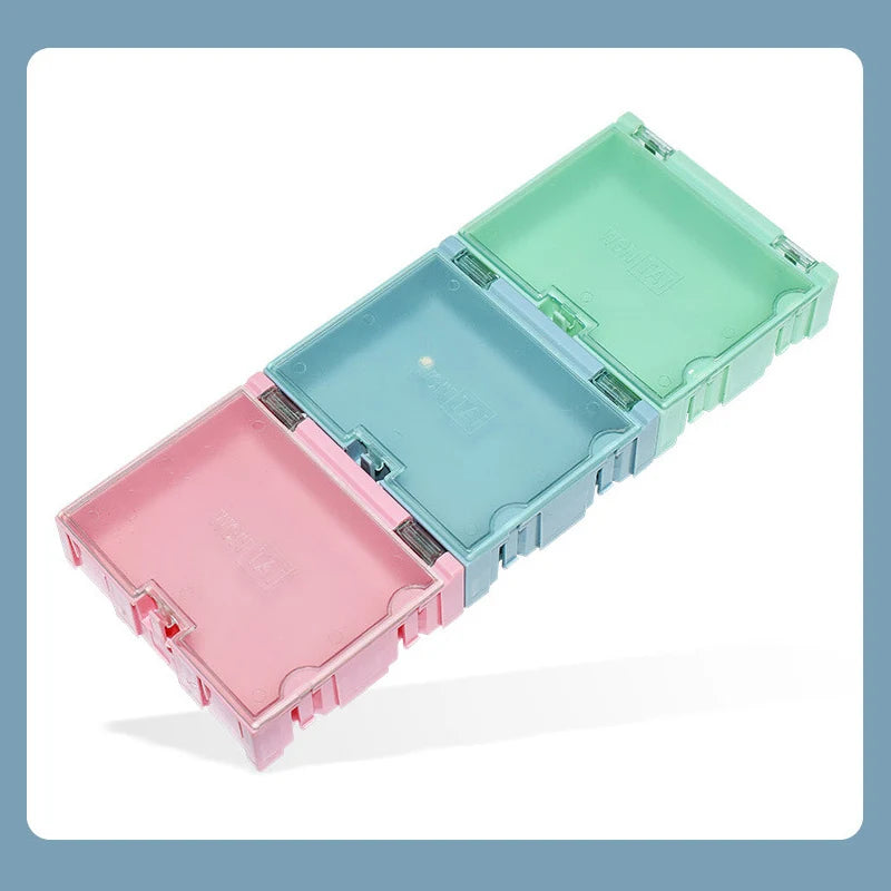 boîtes rangement composants électroniques bleu clair vert rose plastique lisse clips pratique compact