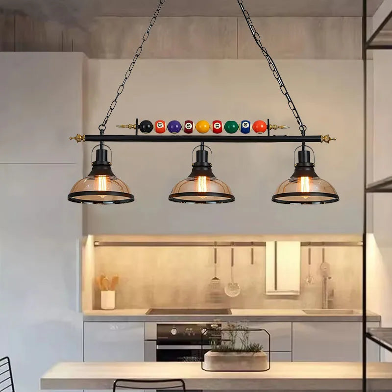suspension lumineuse industrielle verre ambre ampoules led noir doré vintage boules billard