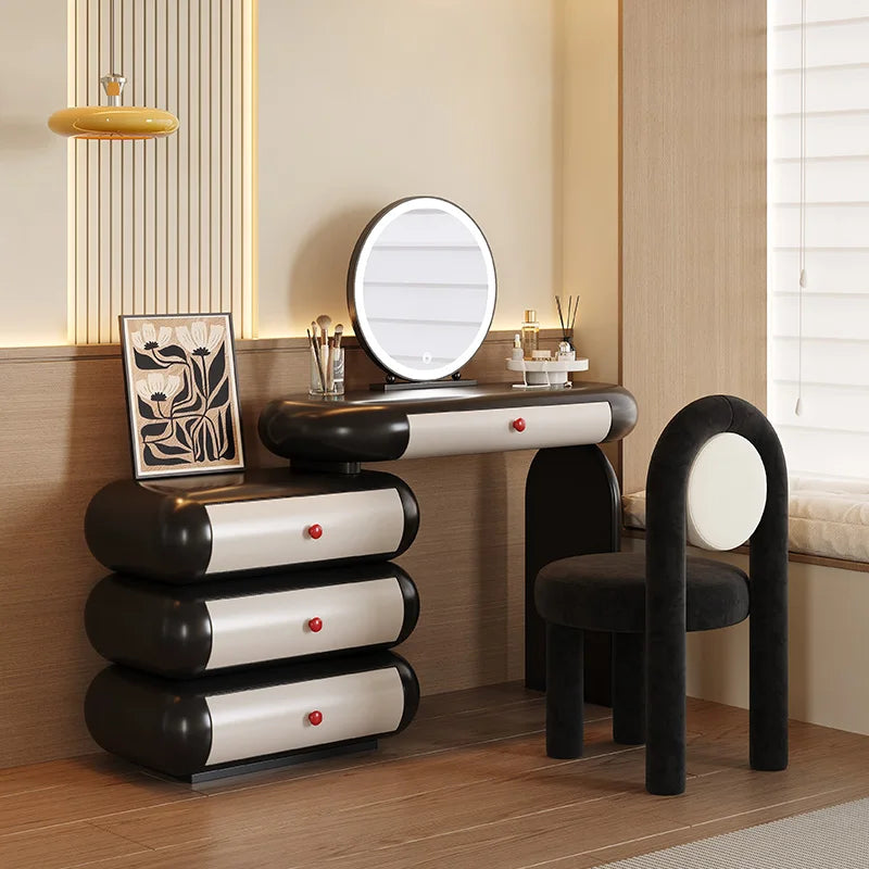 coiffeuse vintage maquillage noir blanc tiroirs miroir tabouret moderne minimaliste