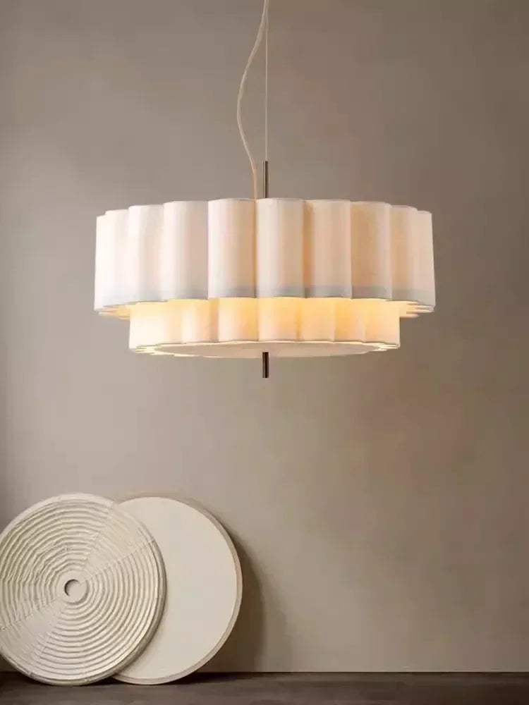 Suspension lumineuse moderne abat jour plissé blanc cassé lampes suspendues éclairage salon LED