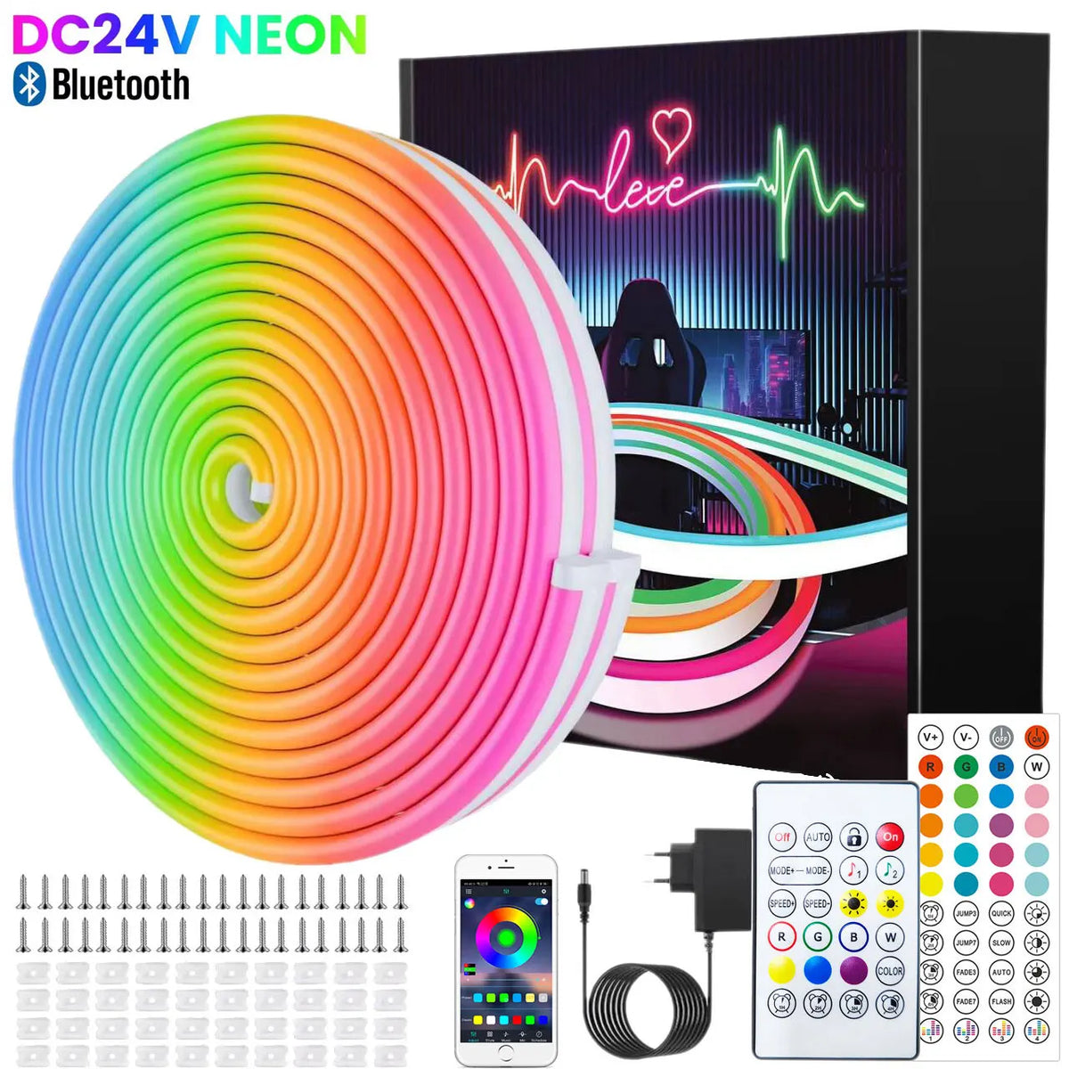 ruban led néon multicolore 10m 15m 20m 30m bluetooth télécommande clips moderne étanche