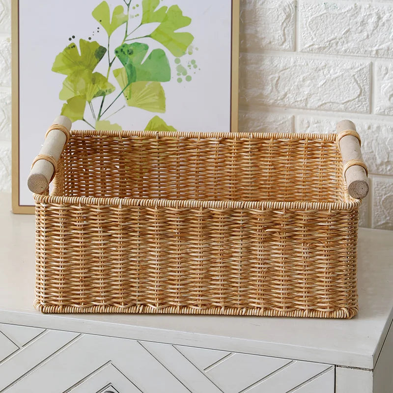 panier tressé naturel poignées bois rangement traditionnel respectueux environnement dimension 37x26cm