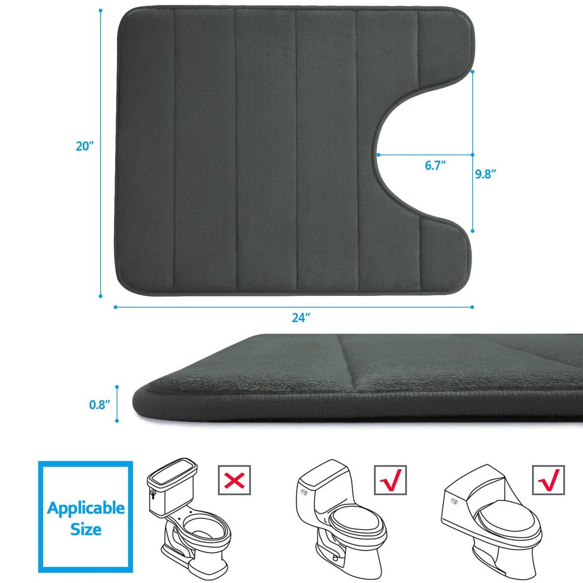 tapis toilette salle bain gris foncé rayures horizontales antidérapant mousse mémoire forme moderne confortable