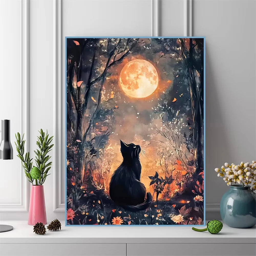 tableau colorier paysage nocturne chat fleurs tournesols peinture pré imprimée pinceaux couleurs guide numérotation