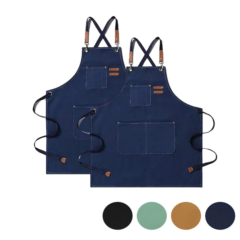 tablier cuisine toile coton bleu marine poche avant arrière épaulettes croisées résistant taches pratique