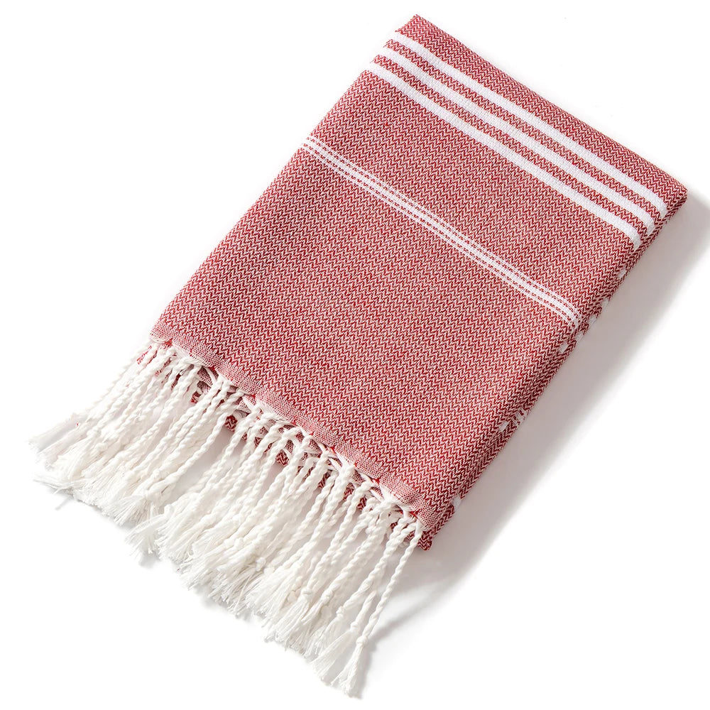 serviette plage coton rayée bleu clair rose franges rapide absorption moderne rustic