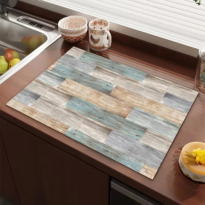 tapis cuisine rustique texture bois brun clair bleu beige fleurs fourchette serviette