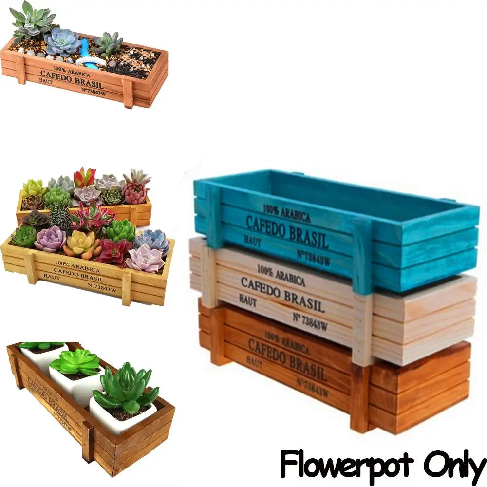 Bac fleurs bois naturel poignées rustique succulentes pierres bleu rose vert jaune
