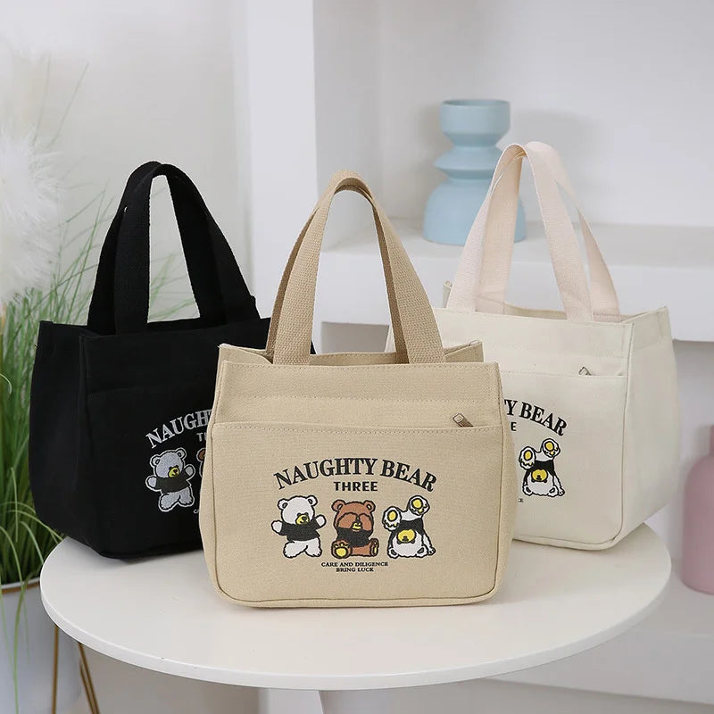 sac cabas toile imprimée ours dessin animé noir crème blanc mignon décontracté poche avant