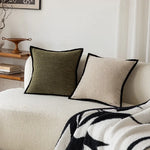 coussins décoratifs moderne vert olive beige coton polyester respectueux environnement fixations