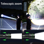 lampe torche led rechargeable zoomable camping chasse haute puissance résistante autodéfense affichage numérique cordon