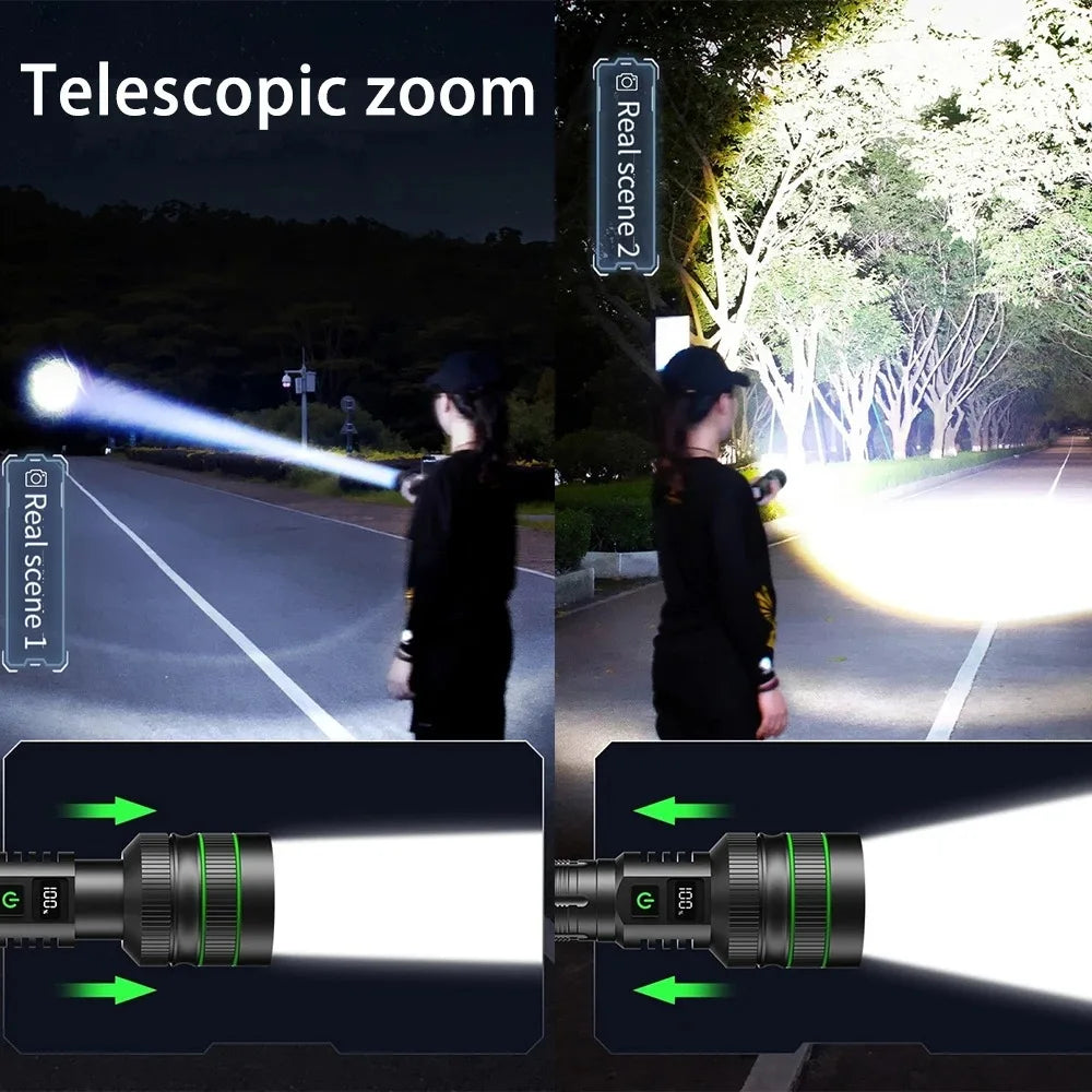 lampe torche led rechargeable zoomable camping chasse haute puissance résistante autodéfense affichage numérique cordon