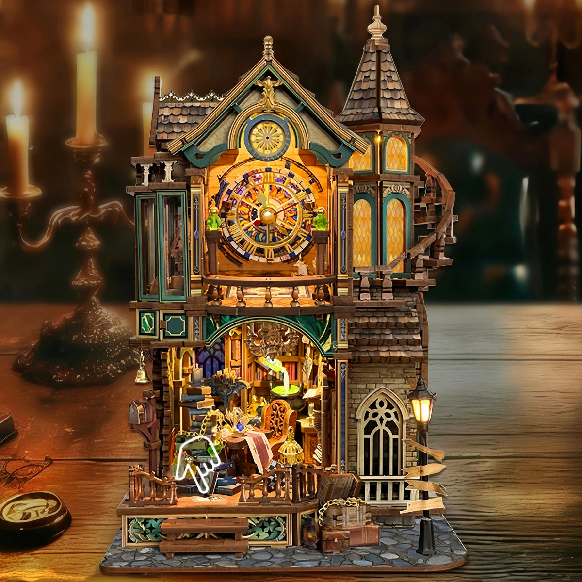 maisonnette bois steampunk horloge vitrail figurines led livres miniature cage oiseau gramophone trésor meubles