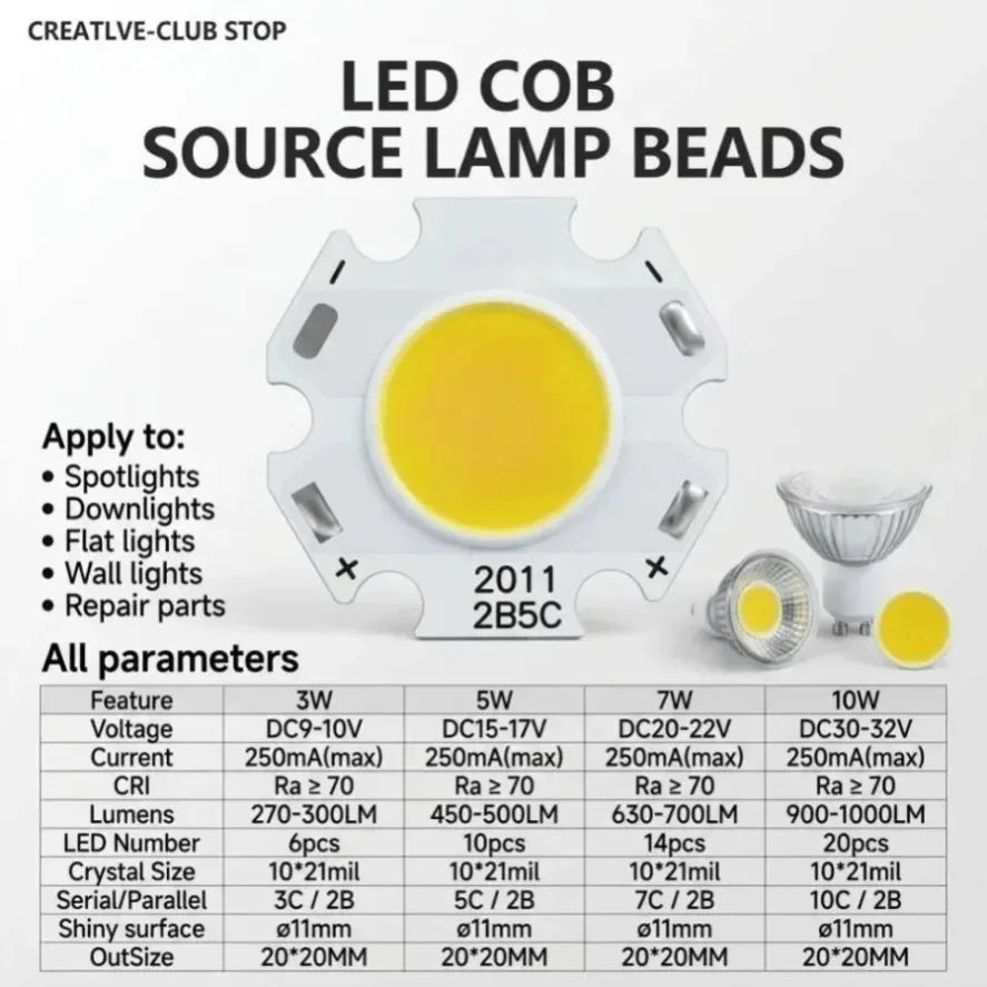 lot puces led cob haute puissance 3w 5w 7w source lumineuse projecteur blanc