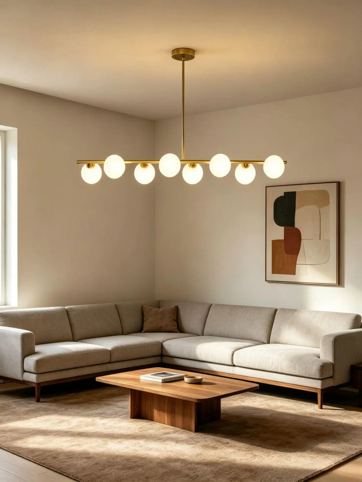 Suspension lumineuse moderne or blanc sphères blanches structure dorée salon chambre