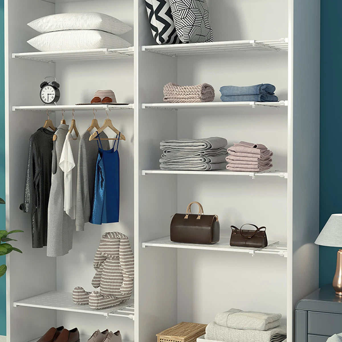 étagère télescopique murale blanche rangement armoire moderne vêtements blanc opaque adaptable textiles blanc