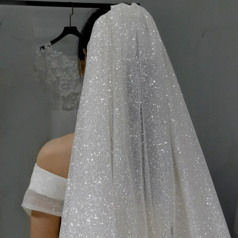 voile mariage blanc pailleté classique clips métalliques mariée longue traîne