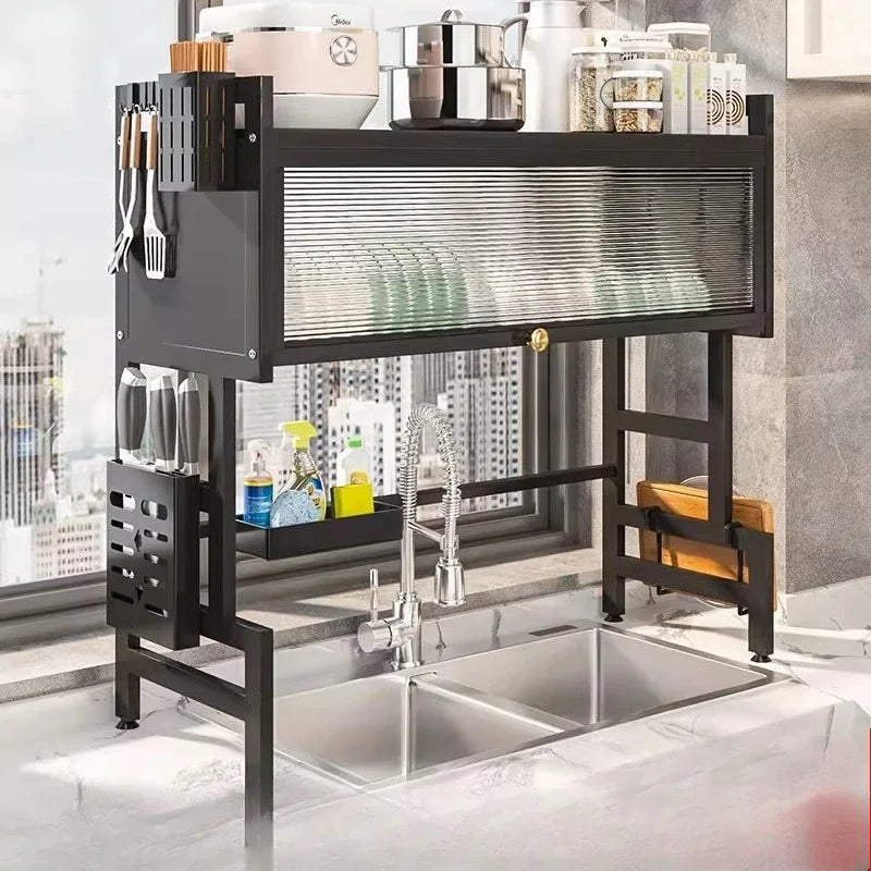 support cuisine acier noir moderne rangement vaisselle couteaux serviettes verres tampons plats découpe