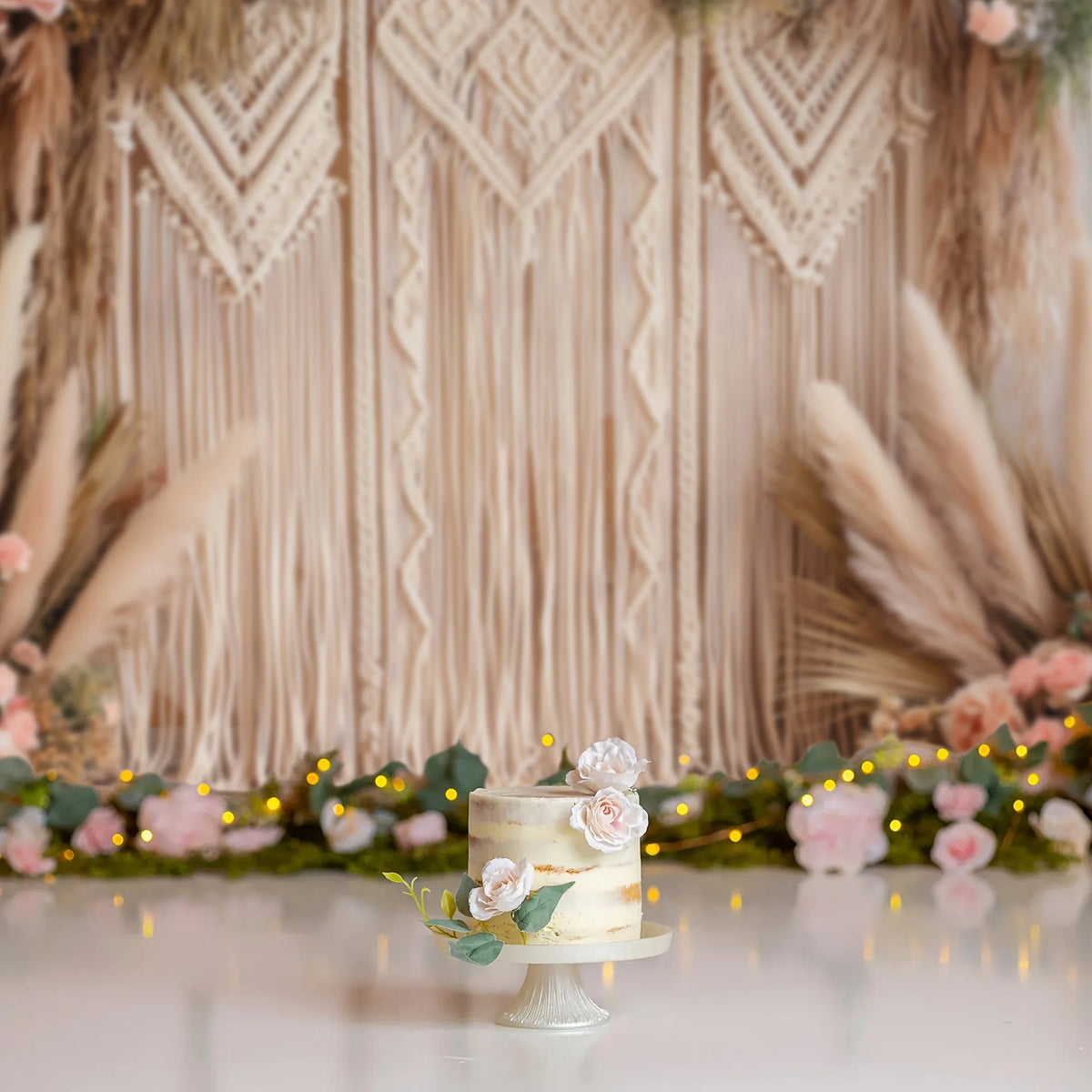 décoration murale bohème mariage macramé pampas fleurs herbes sèches rose poudré vert