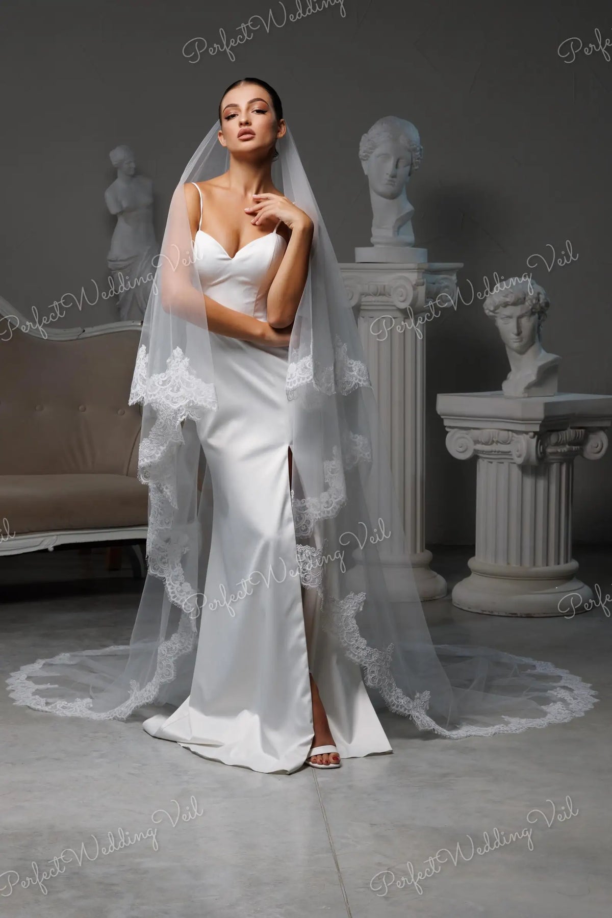 voile mariée deux niveaux dentelle polyester blanc classique opacité chapel cathedral royal