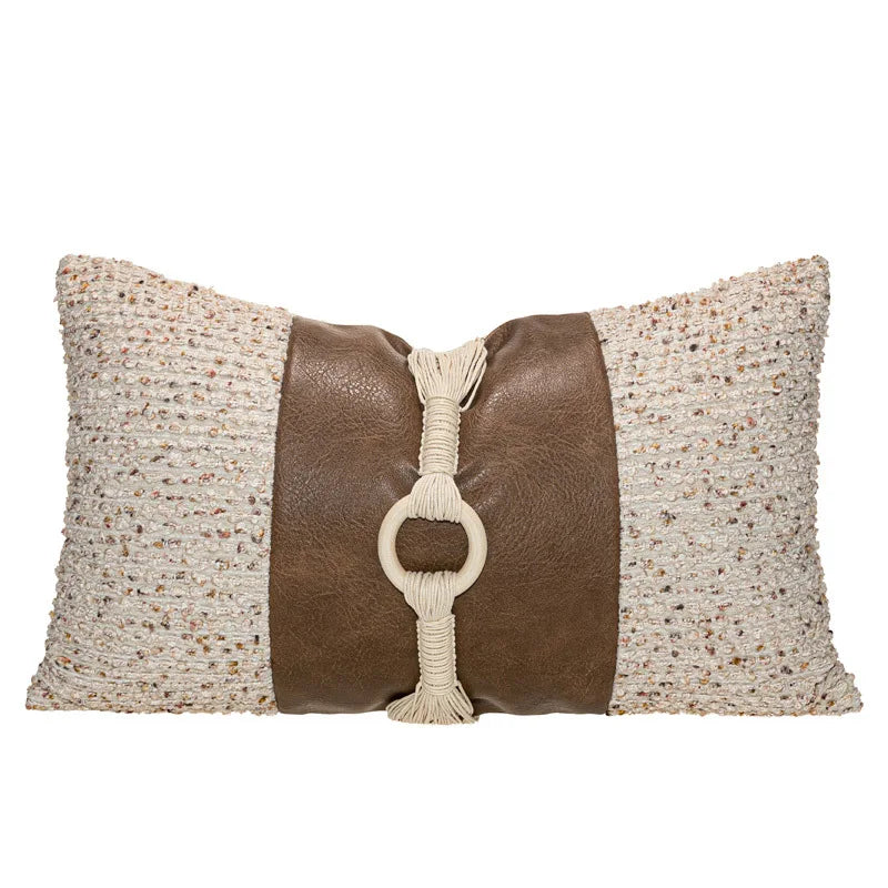 coussin patchwork tissu bouclé cuir beige marron moderne boho chic décoratif siège 30x50cm 45x45cm