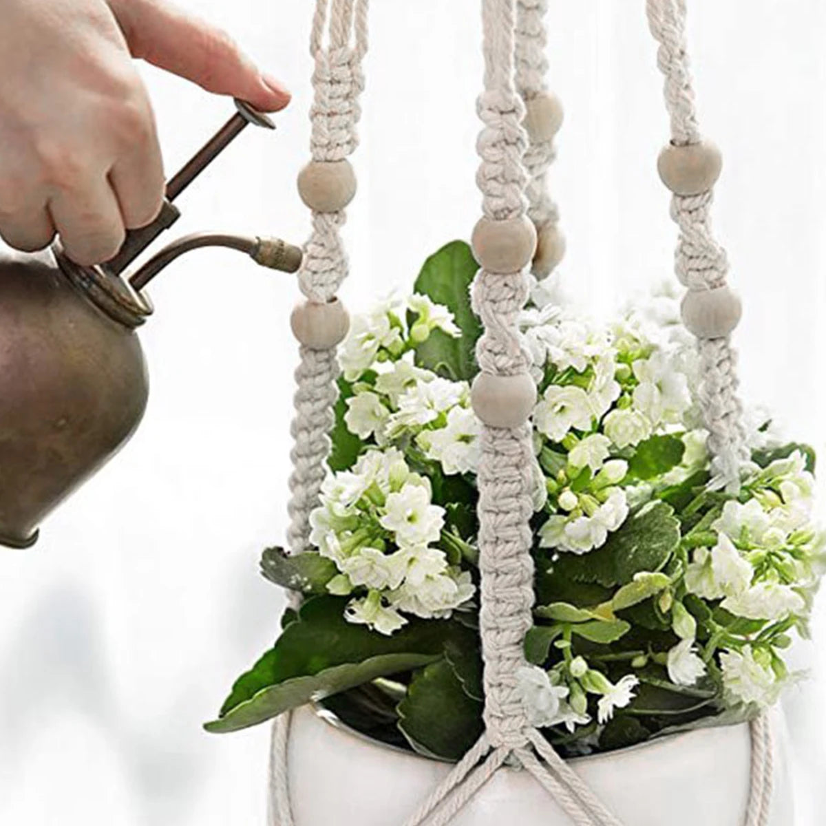 support plante suspendue macramé bois boho pot blanc noir gris anneau métallique