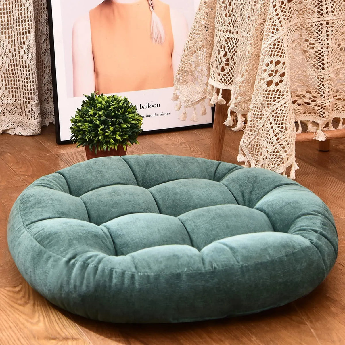 coussin rond velours polyester vert foncé jaune clair bleu foncé moderne confortable