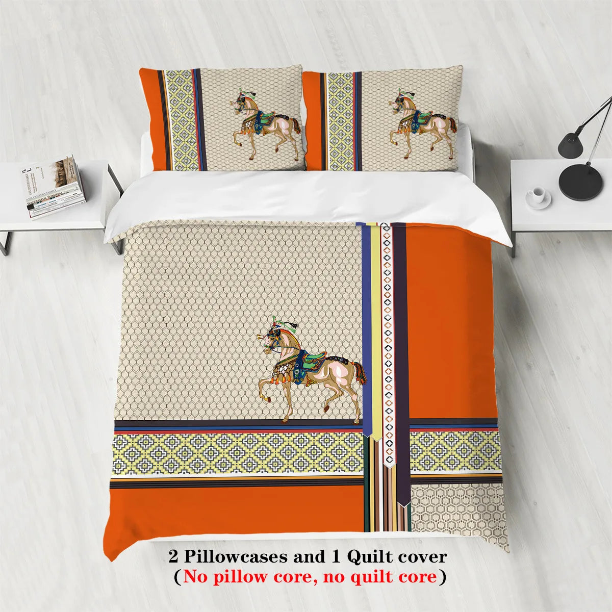 ensemble literie moderne trois pièces housse couette taies d'oreiller motif géométrique beige orange bleu