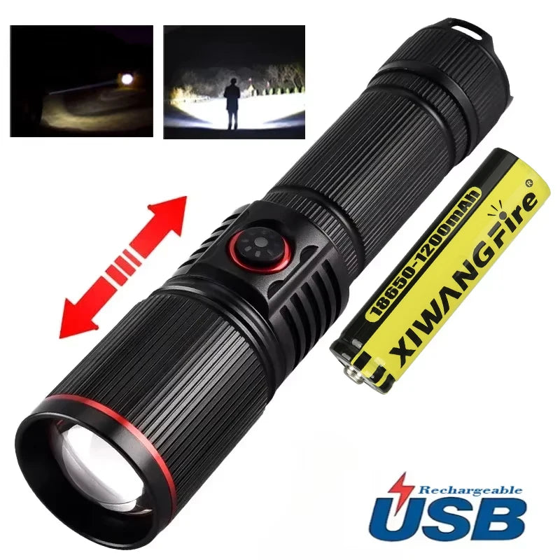 lampe torche led rechargeable 30w intense 500m rayures noire camping