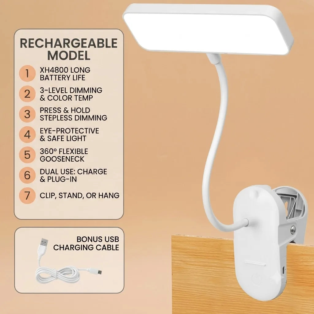lampe lecture led rechargeable clip portable mode couleur blanc moderne compact usb charge