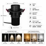 spot led noir réglable angle faisceau 15 45 60 modernes clips ressort 7w