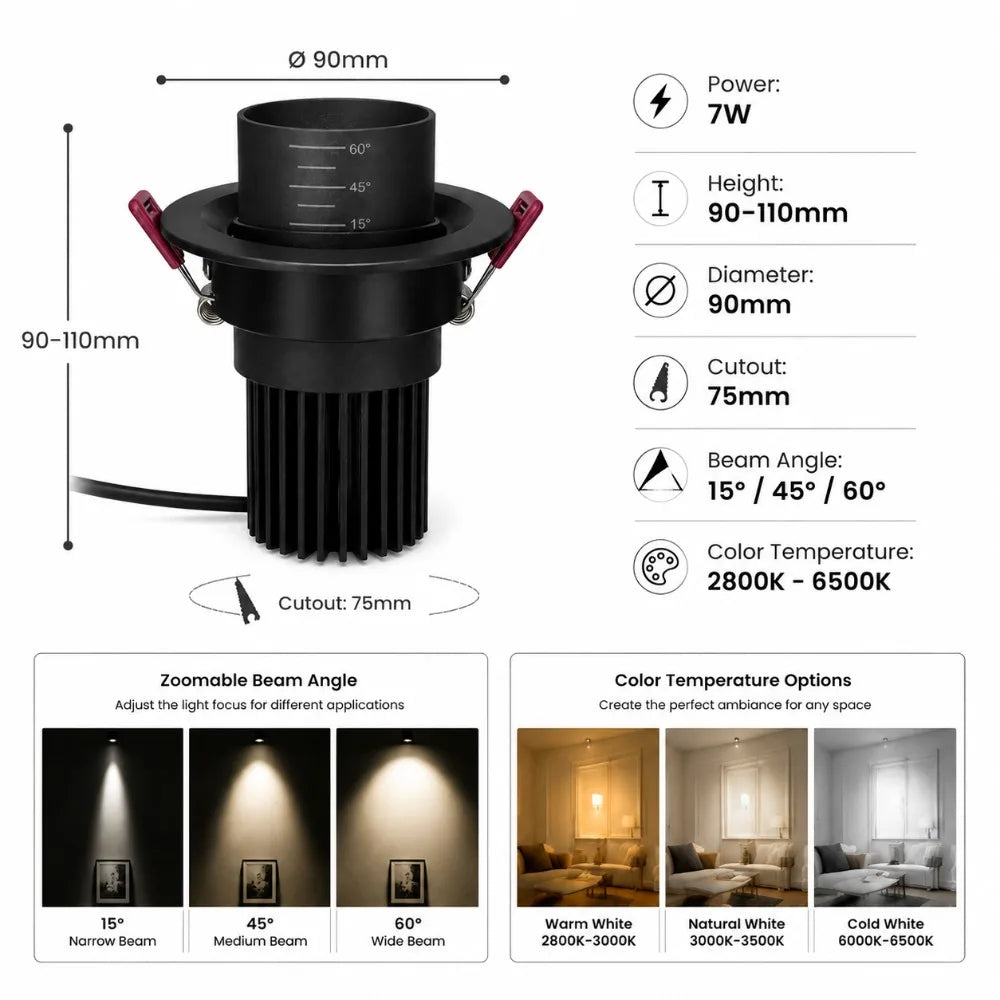 spot led noir réglable angle faisceau 15 45 60 modernes clips ressort 7w