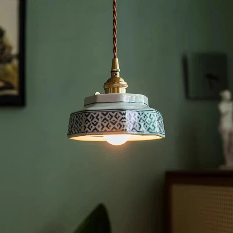lampe suspendue vintage céramique motif géométrique orange vert blanc