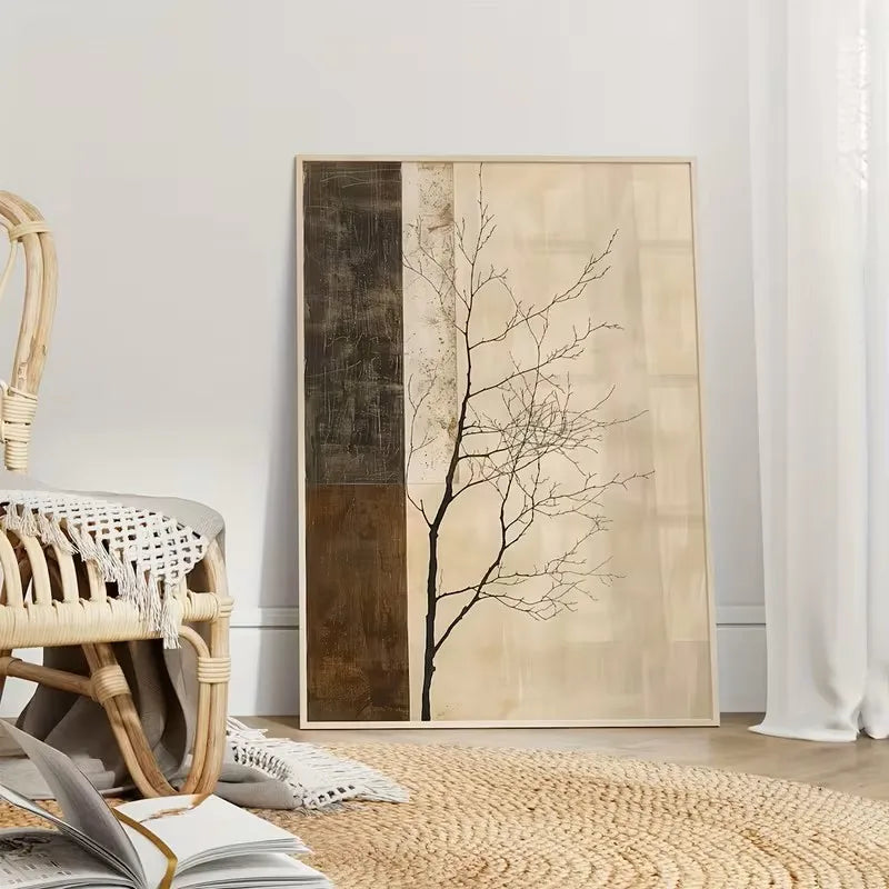 tableau abstrait moderne toile beige arbre nu fond simple sans cadre minimaliste chambre salon