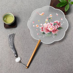 éventails traditionnels éventail gris motifs roses blancs verts bleus or brodés pompons rubans decoration