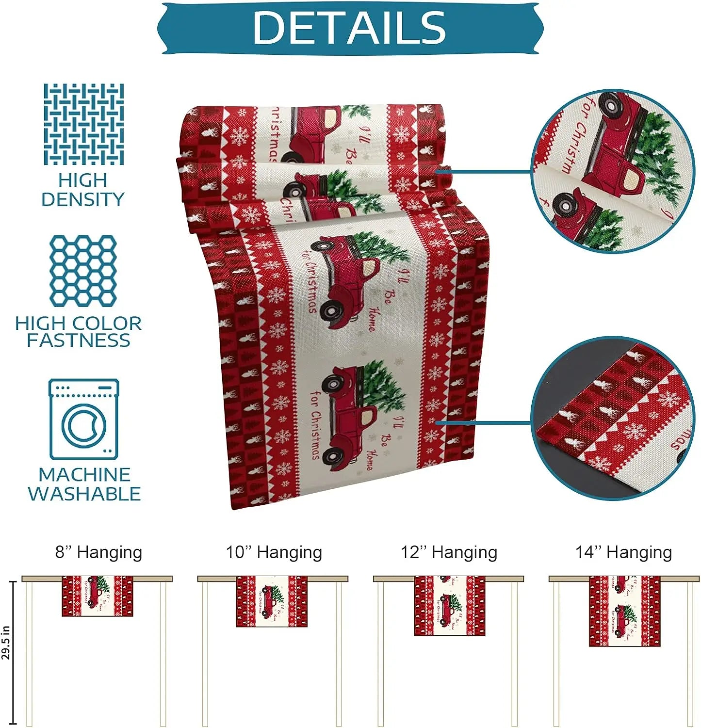 Ce sac à linge suspendu présente un motif de Noël avec des camions rouges et des flocons de neige sur un fond blanc et rouge, avec des détails comme la finition et la taille de suspension.